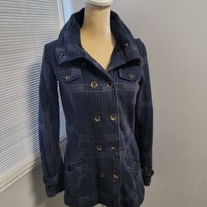 Hurley Blue Gray Plaid Double Breasted Detachable Hood Jacket Womens Size Small